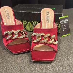 Cape Robbin Scarlet Satin Mules with Gold Chain
